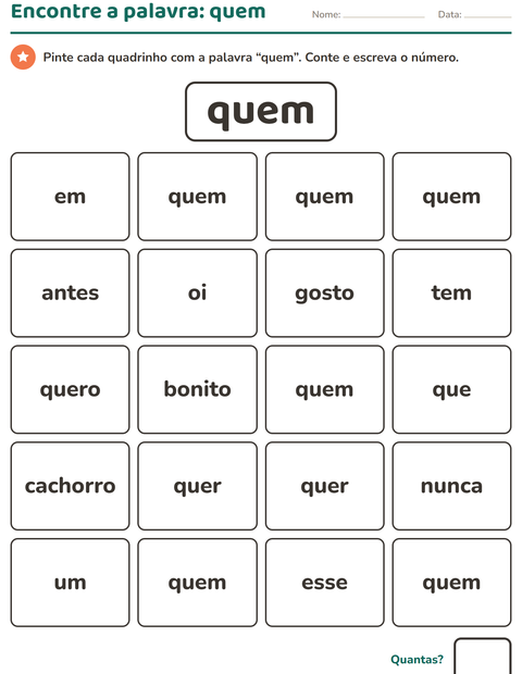 Pré-visualização da ficha de Palavras frequentes para Educação infantil (pré-escola, 5-7 anos)