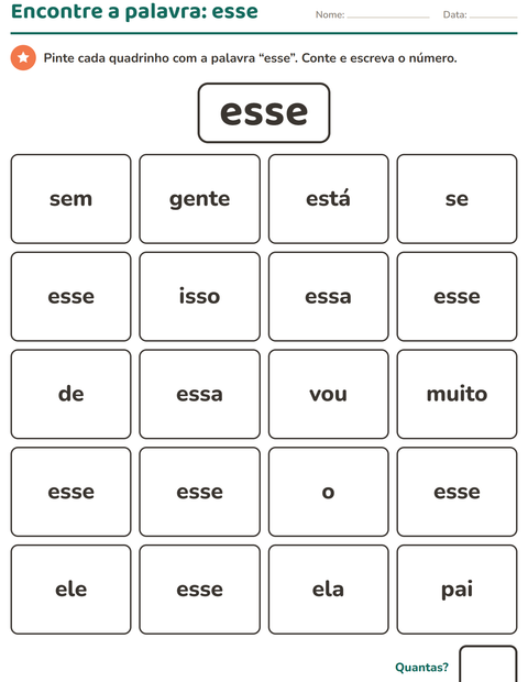 Pré-visualização da ficha de Palavras frequentes para Educação infantil (pré-escola, 5-7 anos)