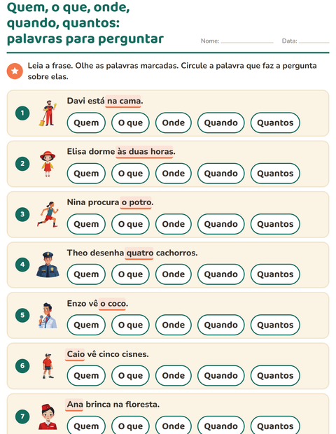 Pré-visualização da ficha de Palavras para perguntar para 1º ano do ensino fundamental