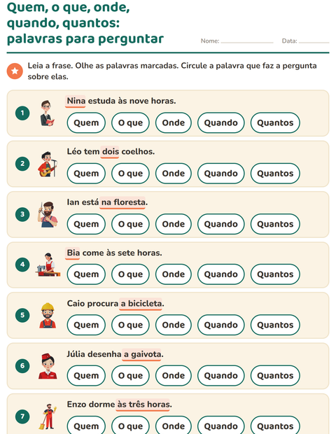 Pré-visualização da ficha de Palavras para perguntar para 1º ano do ensino fundamental