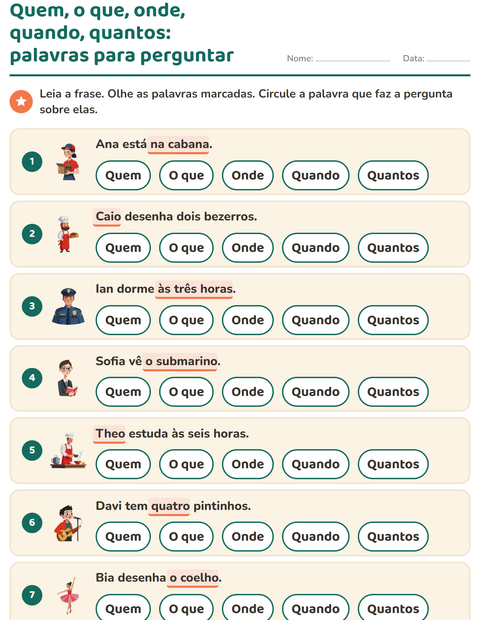 Pré-visualização da ficha de Palavras para perguntar para 1º ano do ensino fundamental