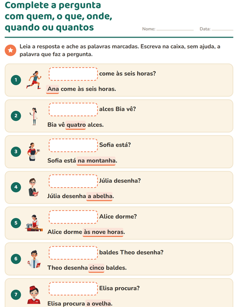 Pré-visualização da ficha de Palavras para perguntar para 1º ano do ensino fundamental