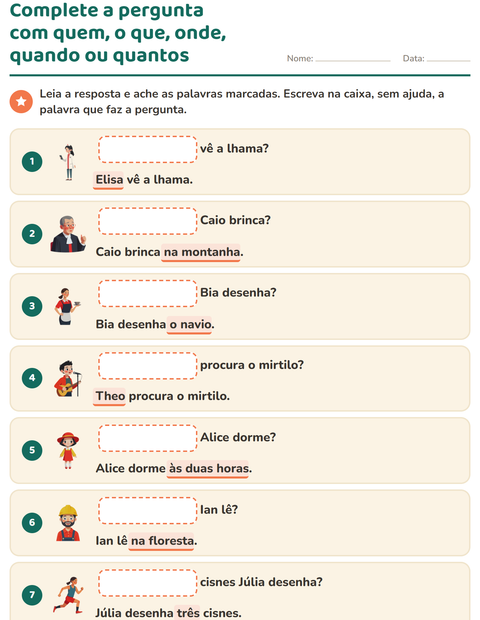 Pré-visualização da ficha de Palavras para perguntar para 1º ano do ensino fundamental