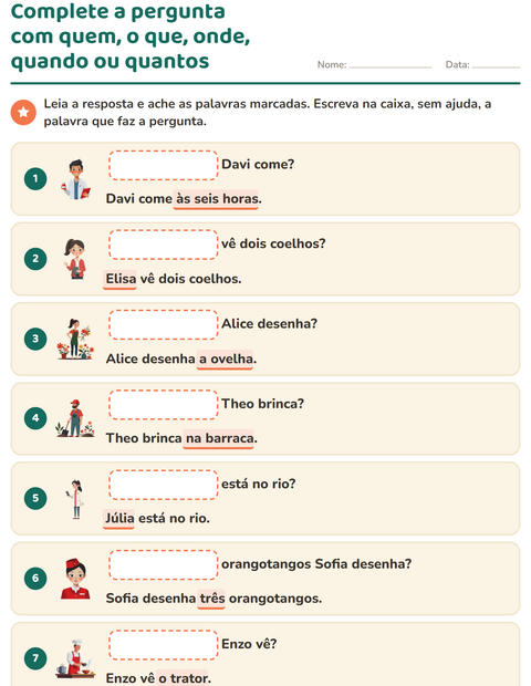 Pré-visualização da ficha de Palavras para perguntar para 1º ano do ensino fundamental