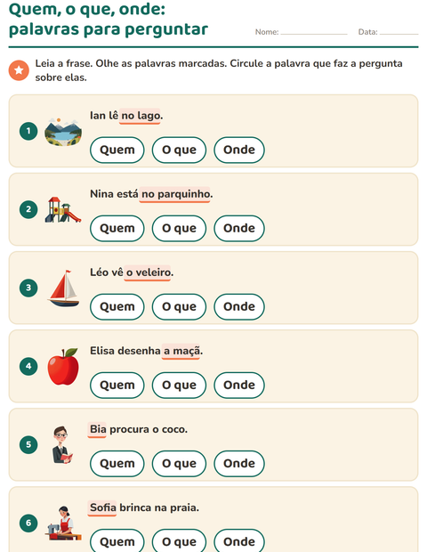 Pré-visualização da ficha de Palavras para perguntar para 1º ano do ensino fundamental