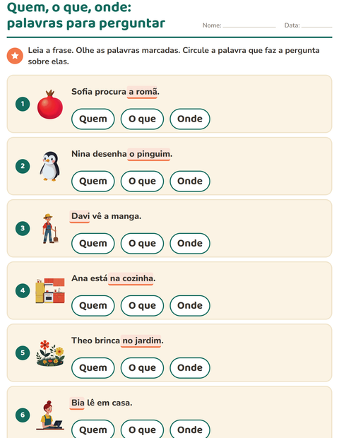 Pré-visualização da ficha de Palavras para perguntar para 1º ano do ensino fundamental