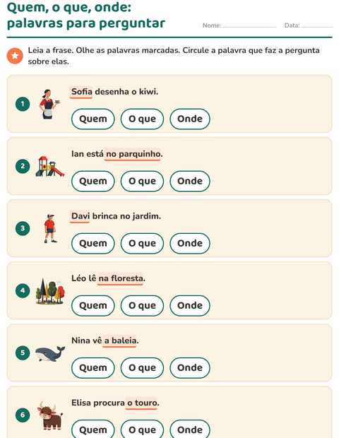 Pré-visualização da ficha de Palavras para perguntar para 1º ano do ensino fundamental