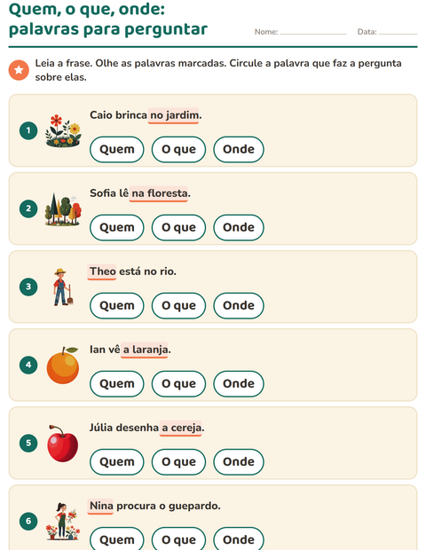 Pré-visualização da ficha de Palavras para perguntar para 1º ano do ensino fundamental