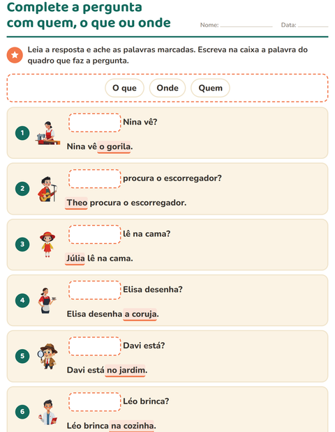 Pré-visualização da ficha de Palavras para perguntar para 1º ano do ensino fundamental