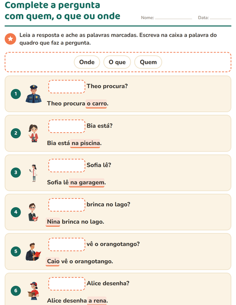 Pré-visualização da ficha de Palavras para perguntar para 1º ano do ensino fundamental