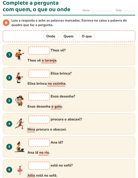 Pré-visualização da ficha de Palavras para perguntar para 1º ano do ensino fundamental