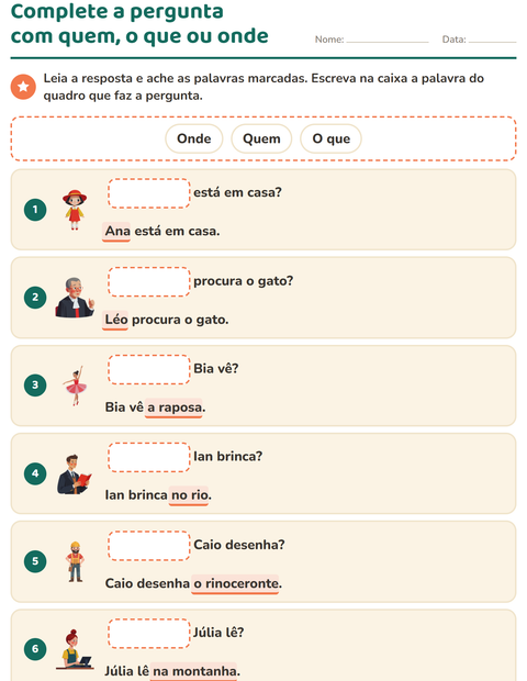 Pré-visualização da ficha de Palavras para perguntar para 1º ano do ensino fundamental