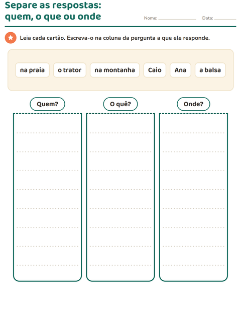 Pré-visualização da ficha de Palavras para perguntar para 1º ano do ensino fundamental