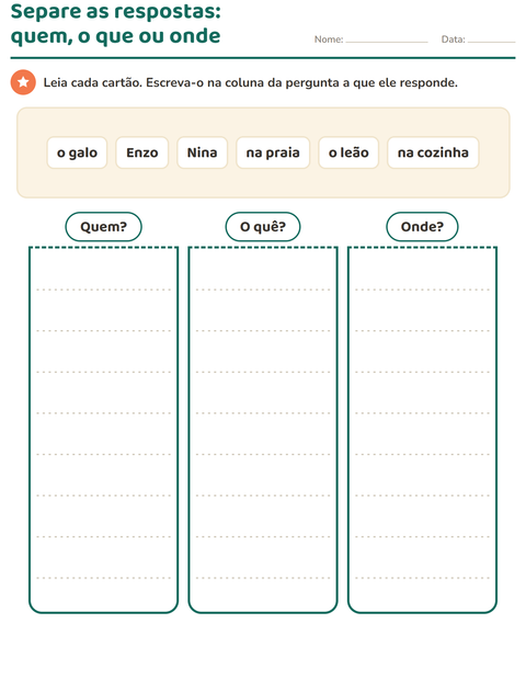 Pré-visualização da ficha de Palavras para perguntar para 1º ano do ensino fundamental