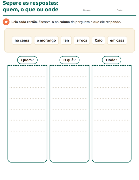 Pré-visualização da ficha de Palavras para perguntar para 1º ano do ensino fundamental