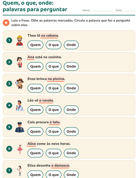 Pré-visualização da ficha de Palavras para perguntar para 1º ano do ensino fundamental