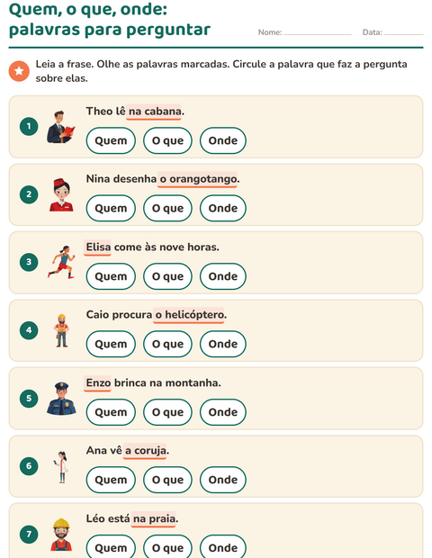 Pré-visualização da ficha de Palavras para perguntar para 1º ano do ensino fundamental