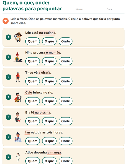 Pré-visualização da ficha de Palavras para perguntar para 1º ano do ensino fundamental