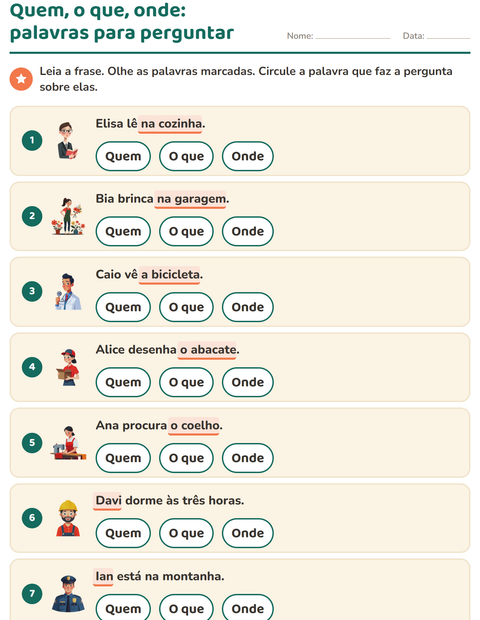 Pré-visualização da ficha de Palavras para perguntar para 1º ano do ensino fundamental