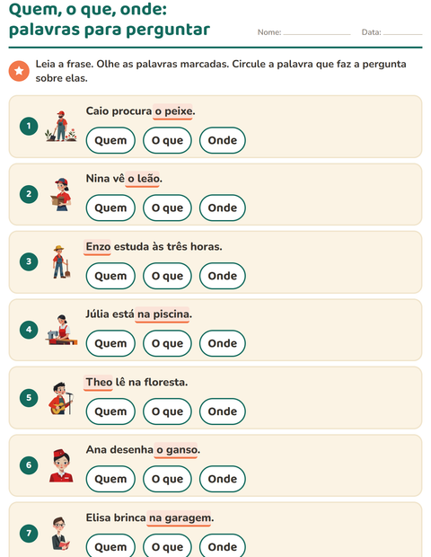 Pré-visualização da ficha de Palavras para perguntar para 1º ano do ensino fundamental