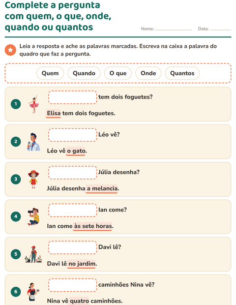 Pré-visualização da ficha de Palavras para perguntar para 1º ano do ensino fundamental