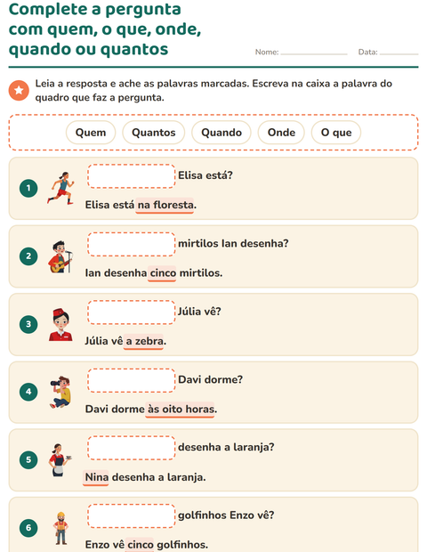 Pré-visualização da ficha de Palavras para perguntar para 1º ano do ensino fundamental