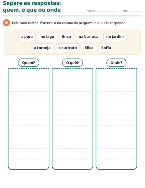 Pré-visualização da ficha de Palavras para perguntar para 1º ano do ensino fundamental
