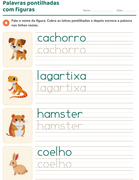Pré-visualização da ficha de Palavras pontilhadas com Animais de estimação para Educação infantil (pré-escola, 5-7 anos)