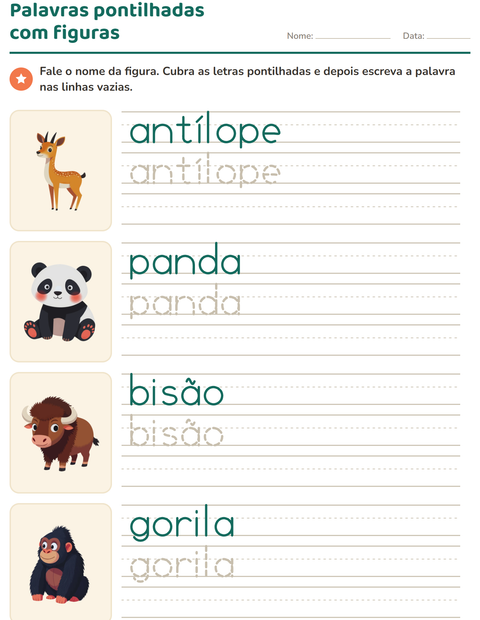 Pré-visualização da ficha de Palavras pontilhadas com Animais do zoológico para Educação infantil (pré-escola, 5-7 anos)