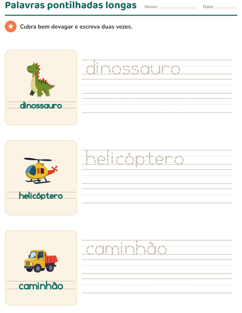 Palavras pontilhadas compridas: nomes de brinquedos para cobrir