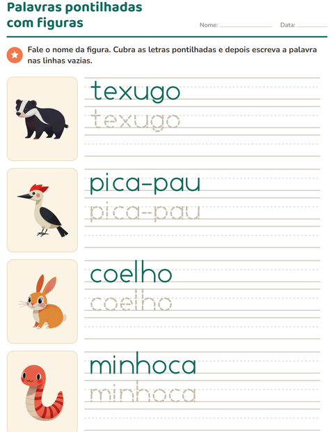 Pré-visualização da ficha de Palavras pontilhadas com Criaturas da floresta para Educação infantil (pré-escola, 5-7 anos)