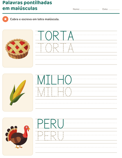 Pré-visualização da ficha de Palavras pontilhadas com Dia de Ação de Graças para Educação infantil (pré-escola, 5-7 anos)