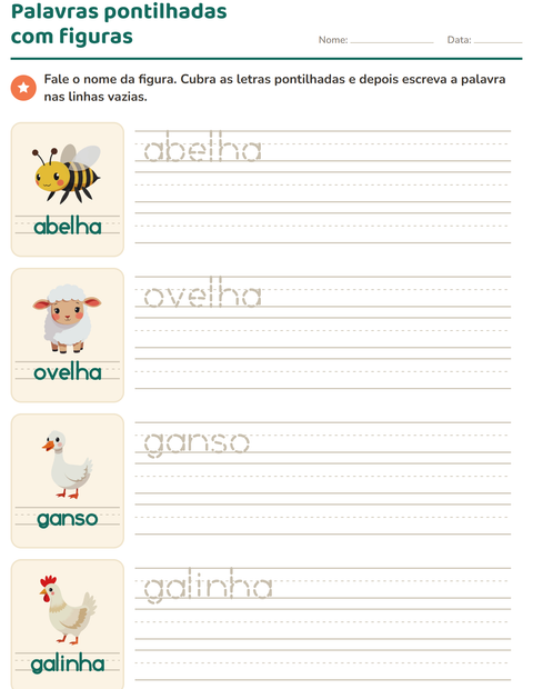 Pré-visualização da ficha de Palavras pontilhadas com Animais da fazenda para Educação infantil (pré-escola, 5-7 anos)