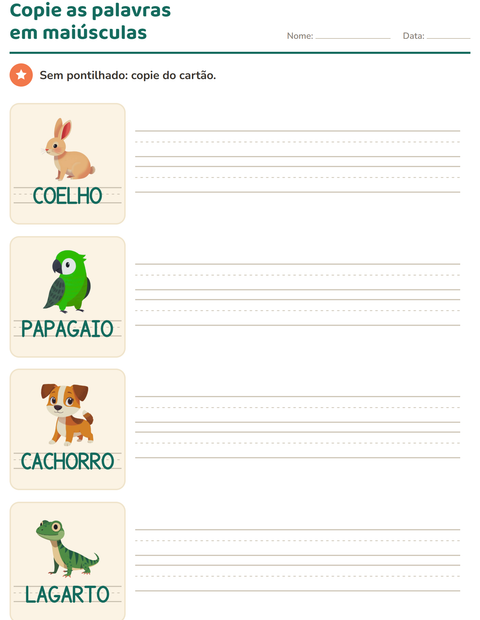 Pré-visualização da ficha de Palavras pontilhadas com Animais de estimação para Educação infantil (pré-escola, 5-7 anos)
