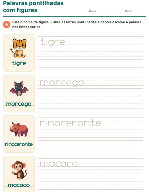 Pré-visualização da ficha de Palavras pontilhadas com Animais do zoológico para Educação infantil (pré-escola, 5-7 anos)