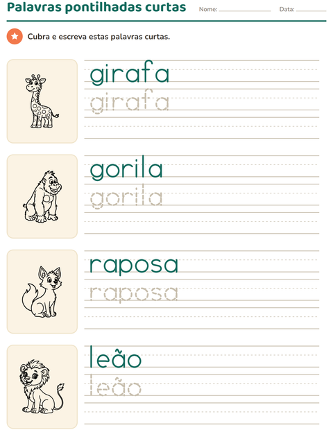 Pré-visualização da ficha de Palavras pontilhadas com Animais do zoológico PB para Educação infantil (pré-escola, 5-7 anos)