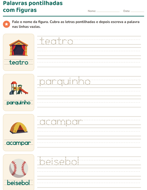 Pré-visualização da ficha de Palavras pontilhadas com Atividades para Educação infantil (pré-escola, 5-7 anos)