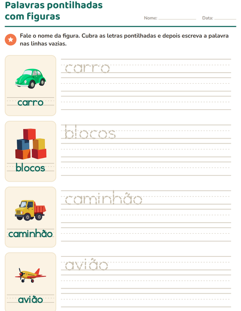 Pré-visualização da ficha de Palavras pontilhadas com Brinquedos para Educação infantil (pré-escola, 5-7 anos)