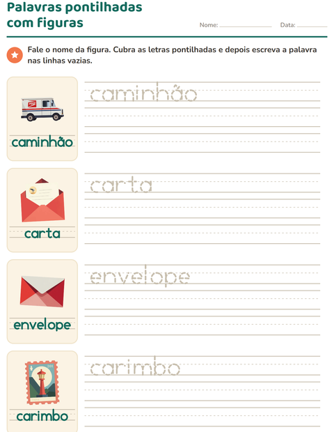 Pré-visualização da ficha de Palavras pontilhadas com Correios para Educação infantil (pré-escola, 5-7 anos)