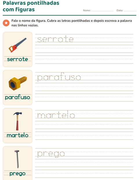 Pré-visualização da ficha de Palavras pontilhadas com Ferramentas para Educação infantil (pré-escola, 5-7 anos)