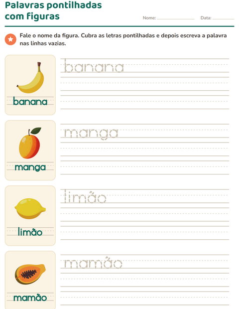 Pré-visualização da ficha de Palavras pontilhadas com Frutas para Educação infantil (pré-escola, 5-7 anos)