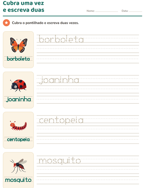 Pré-visualização da ficha de Palavras pontilhadas com Insetos e bichos para Educação infantil (pré-escola, 5-7 anos)