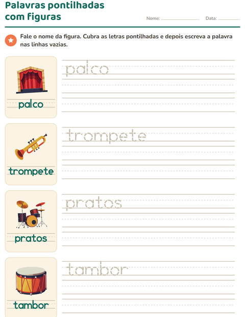 Pré-visualização da ficha de Palavras pontilhadas com Música para Educação infantil (pré-escola, 5-7 anos)