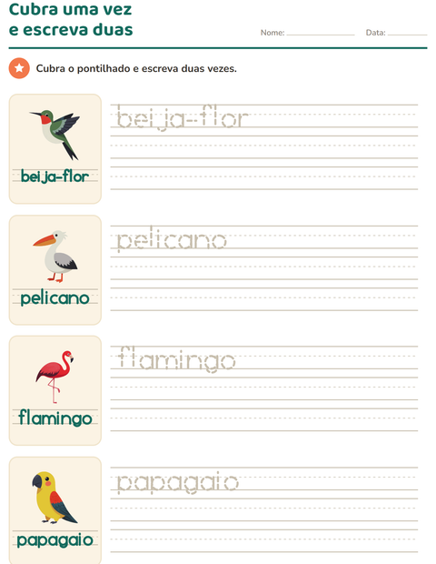 Pré-visualização da ficha de Palavras pontilhadas com Pássaros 2 para Educação infantil (pré-escola, 5-7 anos)