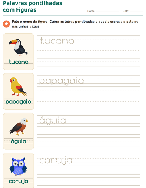 Pré-visualização da ficha de Palavras pontilhadas com Pássaros para Educação infantil (pré-escola, 5-7 anos)