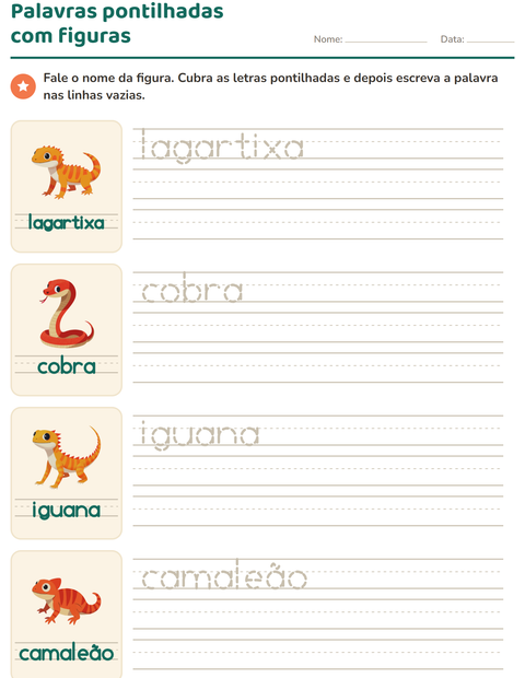 Pré-visualização da ficha de Palavras pontilhadas com Répteis e anfíbios para Educação infantil (pré-escola, 5-7 anos)