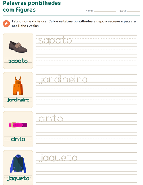 Pré-visualização da ficha de Palavras pontilhadas com Roupas para Educação infantil (pré-escola, 5-7 anos)