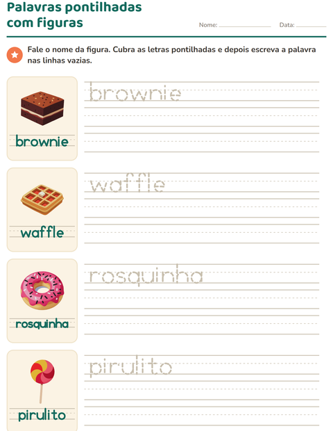 Pré-visualização da ficha de Palavras pontilhadas com Sobremesas e doces para Educação infantil (pré-escola, 5-7 anos)