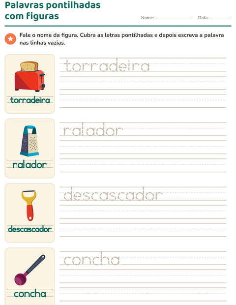 Pré-visualização da ficha de Palavras pontilhadas com Utensílios de cozinha para Educação infantil (pré-escola, 5-7 anos)