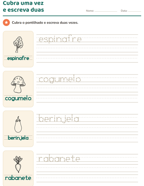 Pré-visualização da ficha de Palavras pontilhadas com Vegetais PB 2 para Educação infantil (pré-escola, 5-7 anos)